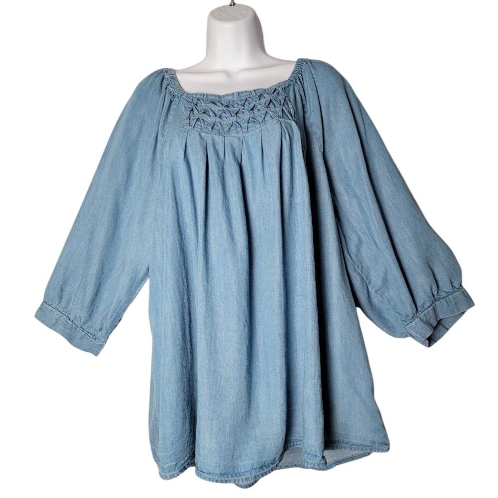 Club Z Collection 1X Chambray Denim Peasant Top Smocked Boho Cottagecore Peasant